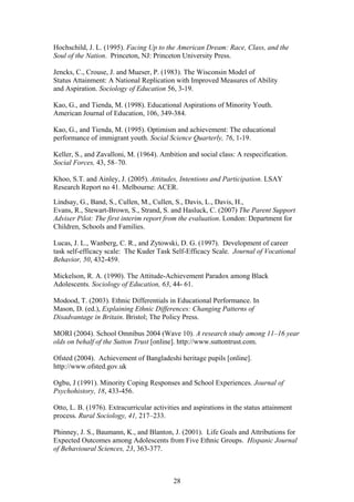 Hochschild, J. L. (1995). Facing Up to the American Dream: Race, Class, and the
Soul of the Nation. Princeton, NJ: Princeton University Press.
Jencks, C., Crouse, J. and Mueser, P. (1983). The Wisconsin Model of
Status Attainment: A National Replication with Improved Measures of Ability
and Aspiration. Sociology of Education 56, 3-19.
Kao, G., and Tienda, M. (1998). Educational Aspirations of Minority Youth.
American Journal of Education, 106, 349-384.
Kao, G., and Tienda, M. (1995). Optimism and achievement: The educational
performance of immigrant youth. Social Science Quarterly, 76, 1-19.
Keller, S., and Zavalloni, M. (1964). Ambition and social class: A respecification.
Social Forces, 43, 58–70.
Khoo, S.T. and Ainley, J. (2005). Attitudes, Intentions and Participation. LSAY
Research Report no 41. Melbourne: ACER.
Lindsay, G., Band, S., Cullen, M., Cullen, S., Davis, L., Davis, H.,
Evans, R., Stewart-Brown, S., Strand, S. and Hasluck, C. (2007) The Parent Support
Adviser Pilot: The first interim report from the evaluation. London: Department for
Children, Schools and Families.
Lucas, J. L., Wanberg, C. R., and Zytowski, D. G. (1997). Development of career
task self-efficacy scale: The Kuder Task Self-Efficacy Scale. Journal of Vocational
Behavior, 50, 432-459.
Mickelson, R. A. (1990). The Attitude-Achievement Paradox among Black
Adolescents. Sociology of Education, 63, 44- 61.
Modood, T. (2003). Ethnic Differentials in Educational Performance. In
Mason, D. (ed.), Explaining Ethnic Differences: Changing Patterns of
Disadvantage in Britain. Bristol; The Policy Press.
MORI (2004). School Omnibus 2004 (Wave 10). A research study among 11–16 year
olds on behalf of the Sutton Trust [online]. http://www.suttontrust.com.
Ofsted (2004). Achievement of Bangladeshi heritage pupils [online].
http://www.ofsted.gov.uk
Ogbu, J (1991). Minority Coping Responses and School Experiences. Journal of
Psychohistory, 18, 433-456.
Otto, L. B. (1976). Extracurricular activities and aspirations in the status attainment
process. Rural Sociology, 41, 217–233.
Phinney, J. S., Baumann, K., and Blanton, J. (2001). Life Goals and Attributions for
Expected Outcomes among Adolescents from Five Ethnic Groups. Hispanic Journal
of Behavioural Sciences, 23, 363-377.
28
 