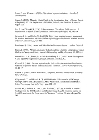 Strand, S. and Winston, J. (2006). Educational aspirations in inner city schools.
Under review.
Strand, S. (2007). Minority Ethnic Pupils in the Longitudinal Study of Young People
in England (LSYPE). Department of Children, Schools, and Families: Research
Report 002.
Sue, S., and Okazaki, S. (1990). Asian-American Educational Achievements: A
Phenomenon in Search of an Explanation. American Psychologist, 45, 913-20.
Swanson, J. L., and Woike, M. B. (1997). Theory into practice in career assessment
for women: Assessment and interventions regarding perceived career barriers. Journal
of Career Assessment, 5, 431-450.
Tomlinson, S. (1984). Home and School in Multicultural Britain. London: Batsford.
Trusty, J. (2002). African Americans' Educational Expectations: Longitudinal Causal
Models for Women and Men. Journal of Counseling and Development, 80, 332-345.
Vondraceck, F. W., Lerner, R. M. and Schulenberg, J. E. (1986) Career Development:
A Life-Span Developmental Approach, Erlbaum, Hillsdale, NJ.
Wentzel, K. (1998). Parents’ aspirations for their children’s educational attainments:
Relations to parents’ beliefs and social address variables. Merrill-Palmer Quarterly,
44, 20-37.
Weiner, B. (1992). Human motivation: Metaphors, theories, and research. Newbury
Park, CA: Sage.
Wilgenbusch, T. and Merrell, K. W. (1999) Gender Differences in Self-Concept
Among Children and Adolescents: A Meta-Analysis of Multidimensional Studies.
School Psychology Quarterly, Vol. 14, pp 101-120.
Willitts, M., Anderson, T., Tait, C. and Williams, G. (2005). Children in Britain:
Findings from the 2003 Families and Children Study (FACS). National Centre for
Social Research and the Department for Work and Pensions: Research Report No
249.
30
 