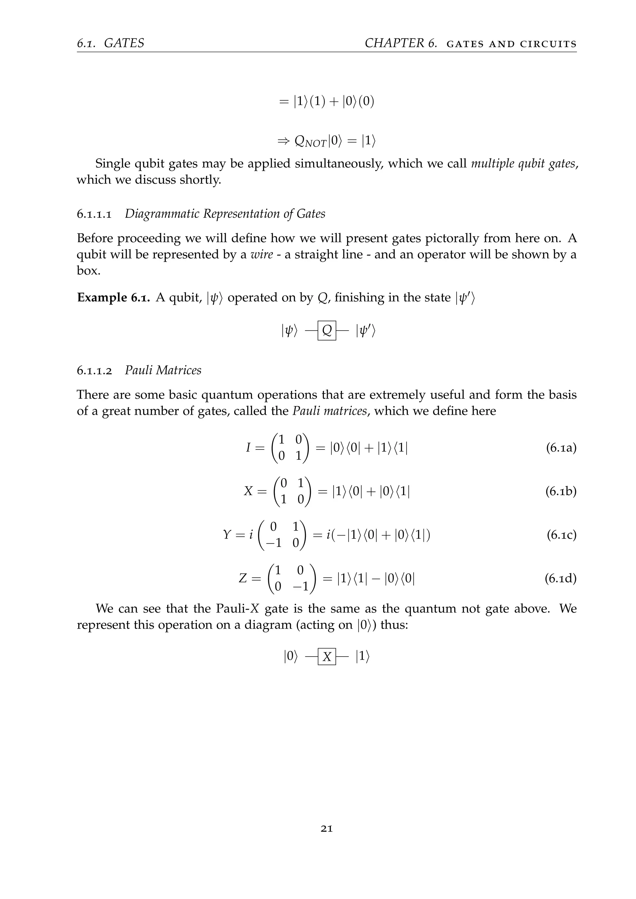 6.1. GATES CHAPTER 6. gates and circuits
= |1 (1) + |0 (0)
⇒ QNOT|0 = |1
Single qubit gates may be applied simultaneously, which we call multiple qubit gates,
which we discuss shortly.
6.1.1.1 Diagrammatic Representation of Gates
Before proceeding we will deﬁne how we will present gates pictorally from here on. A
qubit will be represented by a wire - a straight line - and an operator will be shown by a
box.
Example 6.1. A qubit, |ψ operated on by Q, ﬁnishing in the state |ψ
|ψ Q |ψ
6.1.1.2 Pauli Matrices
There are some basic quantum operations that are extremely useful and form the basis
of a great number of gates, called the Pauli matrices, which we deﬁne here
I =
1 0
0 1
= |0 0| + |1 1| (6.1a)
X =
0 1
1 0
= |1 0| + |0 1| (6.1b)
Y = i
0 1
−1 0
= i(−|1 0| + |0 1|) (6.1c)
Z =
1 0
0 −1
= |1 1| − |0 0| (6.1d)
We can see that the Pauli-X gate is the same as the quantum not gate above. We
represent this operation on a diagram (acting on |0 ) thus:
|0 X |1
21
 