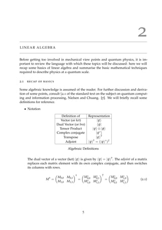 2
L I N E A R A L G E B R A
Before getting too involved in mechanical view points and quantum physics, it is im-
portant to review the language with which these topics will be discussed: here we will
recap some basics of linear algebra and summarise the basic mathematical techniques
required to describe physics at a quantum scale.
2.1 recap of basics
Some algebraic knowledge is assumed of the reader. For further discussion and deriva-
tion of some points, consult §2.1 of the standard text on the subject on quantum comput-
ing and information processing, Nielsen and Chuang. [7]. We will brieﬂy recall some
deﬁnitions for reference.
• Notation
Deﬁnition of Representation
Vector (or ket) |ψ
Dual Vector (or bra) ψ|
Tensor Product |ψ ⊗ |φ
Complex conjugate |ψ∗
Transpose |ψ T
Adjoint |ψ †
= (|ψ ∗
)T
Algebraic Deﬁnitions
The dual vector of a vector (ket) |ψ is given by ψ| = |ψ †
. The adjoint of a matrix
replaces each matrix element with its own complex conjugate, and then switches
its columns with rows.
M†
=
M0,0 M0,1
M1,0 M1,1
†
=
M∗
0,0 M∗
0,1
M∗
1,0 M∗
1,1
T
=
M∗
0,0 M∗
1,0
M∗
0,1 M∗
1,1
(2.1)
5
 