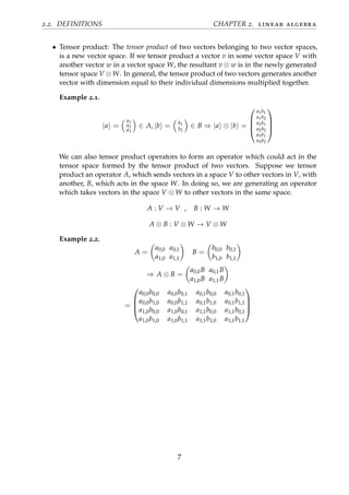 2.2. DEFINITIONS CHAPTER 2. linear algebra
• Tensor product: The tensor product of two vectors belonging to two vector spaces,
is a new vector space. If we tensor product a vector v in some vector space V with
another vector w in a vector space W, the resultant v ⊗ w is in the newly generated
tensor space V ⊗W. In general, the tensor product of two vectors generates another
vector with dimension equal to their individual dimensions multiplied together.
Example 2.1.
|a =
a1
a2
a3
∈ A, |b = b1
b2
∈ B ⇒ |a ⊗ |b =




a1b1
a1b2
a2b1
a2b2
a3b1
a3b2




We can also tensor product operators to form an operator which could act in the
tensor space formed by the tensor product of two vectors. Suppose we tensor
product an operator A, which sends vectors in a space V to other vectors in V, with
another, B, which acts in the space W. In doing so, we are generating an operator
which takes vectors in the space V ⊗ W to other vectors in the same space.
A : V → V , B : W → W
A ⊗ B : V ⊗ W → V ⊗ W
Example 2.2.
A =
a0,0 a0,1
a1,0 a1,1
B =
b0,0 b0,1
b1,0 b1,1
⇒ A ⊗ B =
a0,0B a0,1B
a1,0B a1,1B
=




a0,0b0,0 a0,0b0,1 a0,1b0,0 a0,1b0,1
a0,0b1,0 a0,0b1,1 a0,1b1,0 a0,1b1,1
a1,0b0,0 a1,0b0,1 a1,1b0,0 a1,1b0,1
a1,0b1,0 a1,0b1,1 a1,1b1,0 a1,1b1,1




7
 