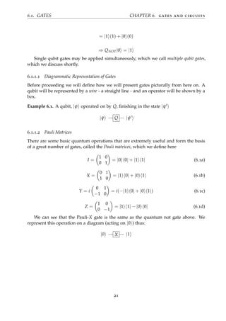 6.1. GATES CHAPTER 6. gates and circuits
= |1 (1) + |0 (0)
⇒ QNOT|0 = |1
Single qubit gates may be applied simultaneously, which we call multiple qubit gates,
which we discuss shortly.
6.1.1.1 Diagrammatic Representation of Gates
Before proceeding we will deﬁne how we will present gates pictorally from here on. A
qubit will be represented by a wire - a straight line - and an operator will be shown by a
box.
Example 6.1. A qubit, |ψ operated on by Q, ﬁnishing in the state |ψ
|ψ Q |ψ
6.1.1.2 Pauli Matrices
There are some basic quantum operations that are extremely useful and form the basis
of a great number of gates, called the Pauli matrices, which we deﬁne here
I =
1 0
0 1
= |0 0| + |1 1| (6.1a)
X =
0 1
1 0
= |1 0| + |0 1| (6.1b)
Y = i
0 1
−1 0
= i(−|1 0| + |0 1|) (6.1c)
Z =
1 0
0 −1
= |1 1| − |0 0| (6.1d)
We can see that the Pauli-X gate is the same as the quantum not gate above. We
represent this operation on a diagram (acting on |0 ) thus:
|0 X |1
21
 