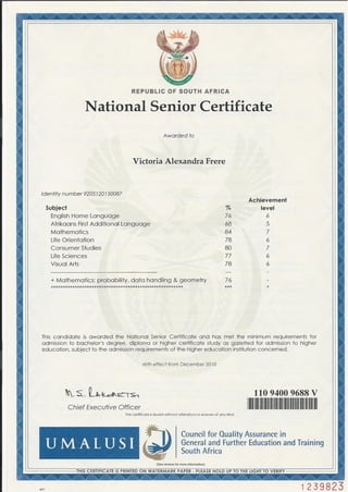 Victoria Frere - Matric Certificate