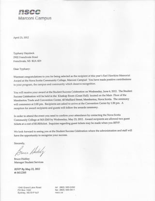 Letter for Earl Hawkins Memorial Award and Award