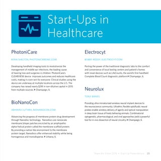 Share the Vision 2015  •  Start-Up Presentations  25
PhotoniCare
RYAN SHELTON, PHOTONICAREINC.COM
Developing handheld imaging tools to revolutionize the
management of middle ear infections, the leading cause
of hearing loss and surgeries in children. PhotoniCare’s
CLEARVIEW device improves outcomes and reduces healthcare
costs, making it a win-win for everyone. Clinical studies using the
device are underway at multiple locations across the U.S. The
company has raised nearly $2M in non-dilutive capital in 2015
from multiple sources. } Champaign, IL
BioNanoCon
ABHINAV LUTHRA, BIONANOCON.COM
Advancing the progress of membrane protein drug development
through Nanodisc technology. Nanodiscs are nanoscale
membrane bilayer patches encircled by an amphipathic
alpha-helical protein called the membrane scaffold protein.
By providing a native-like environment to the membrane
protein target, Nanodiscs offer enhanced stability while being
homogenous and monodisperse. } Urbana, IL
Electrocyt
BOBBY REDDY, ELECTROCYT.COM
Porting the power of the traditional diagnostic labs to the comfort
and convenience of local testing centers and patient’s homes
with novel devices such as LifeCounts, the world’s first handheld
Complete Blood Count diagnostic platform.} Champaign, IL
Neurolux
TONY BANKS
Providing ultra-miniaturized wireless neural implant devices to
the neuroscience community. Ultrathin, flexible optofluidic neural
probes enable wireless delivery of agents and optical manipulation
in deep brain tissue of freely behaving animals. Combinatorial
optogenetic, pharmacological, and viral approaches yield a powerful
tool for in vivo dissection of neural circuitry. } Champaign, IL
Start-Ups in
Healthcare
 