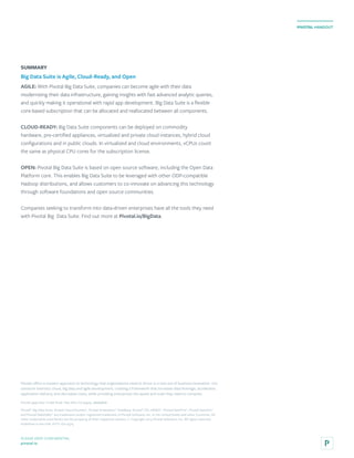 PLEASE KEEP CONFIDENTIAL
pivotal.io
PIVOTAL HANDOUT
SUMMARY
Big Data Suite is Agile, Cloud-Ready, and Open
AGILE: With Pivotal Big Data Suite, companies can become agile with their data
modernizing their data infrastructure, gaining insights with fast advanced analytic queries,
and quickly making it operational with rapid app development. Big Data Suite is a flexible
core-based subscription that can be allocated and reallocated between all components.
CLOUD-READY: Big Data Suite components can be deployed on commodity
hardware, pre-certified appliances, virtualized and private cloud instances, hybrid cloud
configurations and in public clouds. In virtualized and cloud environments, vCPUs count
the same as physical CPU cores for the subscription license.
OPEN: Pivotal Big Data Suite is based on open source software, including the Open Data
Platform core. This enables Big Data Suite to be leveraged with other ODP-compatible
Hadoop distributions, and allows customers to co-innovate on advancing this technology
through software foundations and open source communities.
Companies seeking to transform into data-driven enterprises have all the tools they need
with Pivotal Big Data Suite. Find out more at Pivotal.io/BigData.
Pivotal®
Big Data Suite, Pivotal Cloud Foundry®
, Pivotal Greenplum®
DataBase, Pivotal®
HD, HAWQ®
. Pivotal GemFire®
, Pivotal GemFire®
and Pivotal RabbitMQ®
are trademarks and/or registered trademark of Pivotal Software, Inc. in the United States and other Countries. All
other trademarks used herein are the property of their respective owners. © Copyright 2015 Pivotal Software, Inc. All rights reserved.
Published in the USA. PVTL-DS-03/15
Pivotal offers a modern approach to technology that organizations need to thrive in a new era of business innovation. Our
solutions intersect cloud, big data and agile development, creating a framework that increases data leverage, accelerates
application delivery, and decreases costs, while providing enterprises the speed and scale they need to compete.
Pivotal 3495 Deer Creek Road Palo Alto, CA 94304 pivotal.io
 