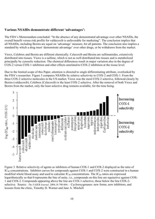 10
Various NSAIDs demonstrate different ‘advantages’:
The FDA’s Memorandum concluded: “In the absence of any demonstrated advantage over other NSAIDs, the
overall benefit versus risk profile for valdecoxib is unfavorable for marketing”. The conclusion implies that
all NSAIDs, including Bextra are equal on ‘advantage’ measure, for all patients. The conclusion also implies a
standard by which a drug must ‘demonstrate advantage’ over other drugs, or be withdrawn from the market.
Vioxx, Celebrex and Bextra are different chemically. Celecoxib and Bextra are sulfonamides, extensively
distributed into tissues. Vioxx is a sulfone, which is not as well distributed into tissues and is metabolized
principally by cytosolic reduction. The chemical differences result in major variation also in the degree of
COX-2 versus COX-1 inhibition and other effects unrelated to COX-2 inhibition at the tissue level.
Due to the limited scope of this Paper, attention is directed to single differentiating attribute, overlooked by
the FDA’s researcher. Figure 3 compares NSAIDs by relative selectivity to COX-2 and COX-1. From the
three COX-2 selective molecules in the US market, Vioxx was the most COX-2 selective, followed closely by
Bextra (valdecoxib). Celebrex (Celecoxib) is the least COX-2 selective. After the removal of both Vioxx and
Bextra from the market, only the least selective drug remains available, for the time being.
Figure 3. Relative selectivity of agents as inhibitors of human COX-1 and COX-2 displayed as the ratio of
IC80 concentrations. Inhibitor curves for compounds against COX-1 and COX-2 were constructed in a human
modified whole blood assay and used to calculate IC80 concentrations. The IC80 ratios are expressed
logarithmically so that 0 represents the line of unity, i.e., compounds on this line are equiactive against COX-
1 and COX-2. Compounds appearing above the line are COX-1-selective, those below the line COX-2-
selective. Source: The FASEB Journal. 2004;18:790-804. - Cyclooxygenases: new forms, new inhibitors, and
lessons from the clinic, Timothy D. Warner and Jane A. Mitchell
 