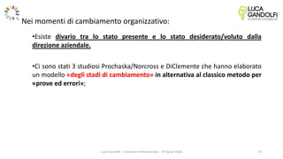 Nei momenti di cambiamento organizzativo:
•Esiste divario tra lo stato presente e lo stato desiderato/voluto dalla
direzione aziendale.
•Ci sono stati 3 studiosi Prochaska/Norcross e DiClemente che hanno elaborato
un modello «degli stadi di cambiamento» in alternativa al classico metodo per
«prove ed errori»;
Luca Gandolfi - Counselor Professionista - 19 Aprile 2016 13
 