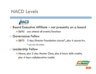 NACD Levels
 Board Executive Affiliate – not presently on a board
 $695 can attend all events/functions
 Governance Fellow
 $875 2 day Director Foundation course*, plus 4 course hrs.
* can now do online
 Leadership Fellow
 Above, plus 2 day Master Class, plus 6 hours skills credits,
plus 4 hours collaborative credits
10
 