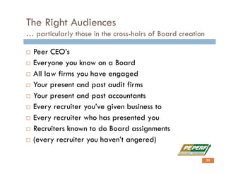 The Right Audiences
… particularly those in the cross-hairs of Board creation
 Peer CEO’s
 Everyone you know on a Board
 All law firms you have engaged
 Your present and past audit firms
 Your present and past accountants
 Every recruiter you’ve given business to
 Every recruiter who has presented you
 Recruiters known to do Board assignments
 (every recruiter you haven’t angered)
23
 