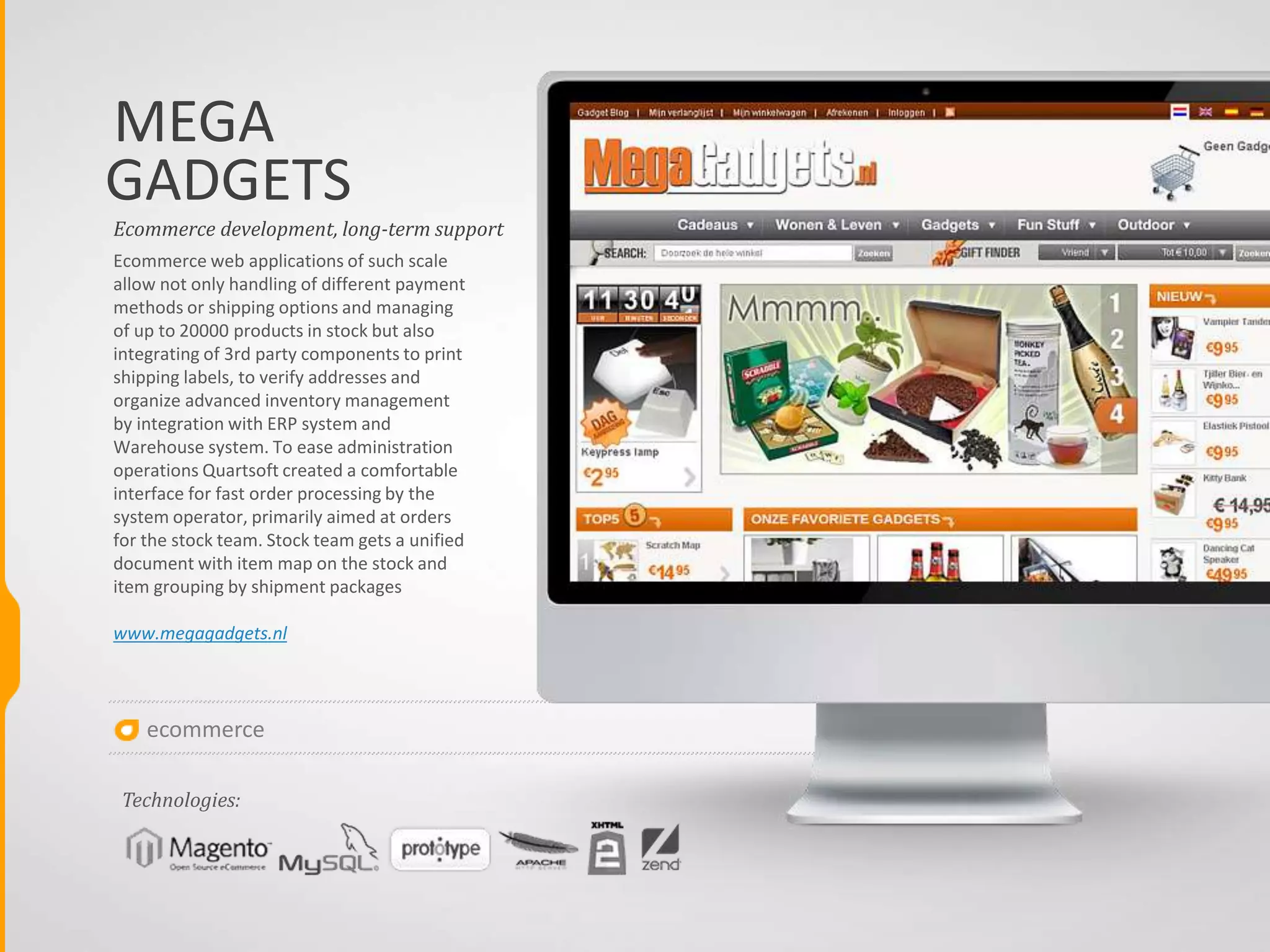 EKIA
Online B2C shop and corporate
website for a Ukrainan branch of the
anti-aging cosmetics company using
Magento and HTML5. We built it from
a scratch including development of
UI/UX. The website was further
integrated with local ERP and
accounting system "1C" which
improved sales management,
accountancy and shipping operations.
http://ekia.com.ua/
UI design, development, long-term support
ecommerce
Technologies:
 