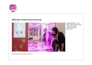 MEG (Micro Experimental Growing)
D’Alesio&Santoro + DGI,
MEG, Museo della Scienza,
e della Tecnologia
“Leonardo da Vinci”
Milan, 2015
Source: www.growmeg.org/museoscienza/
 