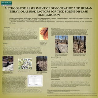 METHODS FOR ASSESSMENT OF DEMOGRAPHIC AND HUMAN
BEHAVIORAL RISK FACTORS FOR TICK-BORNE DISEASE
TRANSMISSION
Celia Grace Murnock, Sarah Davis, Meagan Clark, Kaitlyn Bower, Timothy Lamendola, Randy Singh, Jiayi Ma, Natalie DeLeon, Amy
Radcliff, Sarah Hempstead, Michael A. Little and Ralph M. Garruto
Laboratory of Biomedical Anthropology and Neurosciences, Department of Anthropology, Binghamton University, SUNY, Binghamton
NY 13902.
Introduction
Lyme disease and other tick-borne diseases (TBDs) are a major public health concern in the
Northeastern US. Though a great deal of research has been conducted on the ecology of the
infectious agents and tick vectors, as well as on the clinical manifestations of the disease, one area
that has not received much attention to date has been the potential impact that human behaviors
have on the risk of infection. While most outdoor enthusiasts in areas of the US where TBDs are
endemic have been made aware of the risk of contact and infection while hiking, camping, or
hunting, very few people think about that same risk while they are walking through a city
playground or across a college campus. This project seeks to explore the human behavioral risk
factors for contact with potentially infected ticks within a high foot traffic built environment, using
the Binghamton University campus as a natural experimental model. In order to accomplish this
we have developed a detailed method for surveying campus walkways and as well as gathering
high-resolution data on foot traffic patterns and specific human behaviors.
Methods
Walkway Surveys
Four separate but adjoining residential areas on the Binghamton University campus were chosen for initial
observation based on population, microecology and proximity to tick habitat- College-in-the-Woods (CIW),
Hillside (HS), Susquehanna (SQ) and Mountainview (MV). Within each of these areas, all high-foot traffic
walkways adjacent to areas likely to contain ticks were identified and assigned unique numbers so that data
collected could be systematically tracked. Preliminary data including walkway length, type of ground cover
and proximity of trash receptacles, benches, picnic tables or other features were collected for each walkway
and entered into a spreadsheet to be used as a reference guide throughout the remainder of the data collection
process. A standardized observation point , defined by GPS coordinates, was also chosen for each walkway in
order ensure a consistent and effective vantage point.
Preliminary Results
35 hours of demographic (overall foot traffic) observation were conducted at the College-in-the-Woods
residential area between mid October and early November 2012, with a total of 6,040 individuals observed.
Of these individuals, 7.2% (436 individuals) were wearing clothing or footwear that exposed skin, such as
open shoes/sandals or shorts/capris. Furthermore, 8.6 % (521 individuals) walked onto or otherwise had
contact with ground cover that was not concrete or asphalt. A small number of individuals (0.78%, 47
individuals) exhibited potential risk related to both attire and activity. It is worth noting that these
observations were conducted in late fall when temperatures in Binghamton rarely exceeded 55°F.
Discussion
These preliminary results suggest that level of skin exposure may be a significant risk factor for contact with
ticks within the built environment. The numbers of individuals wearing attire which exposes the skin of the upper
and lower limbs is expected to increase significantly with warmer weather, as is the frequency of activities such as
sitting or lying on or near the ground, leaning against trees and feeding animals. Current data is already being
used in conjunction with tick ecological data as well as pathogen data for the agents of Lyme disease (Borrelia
burgdorferi), anaplasmosis (Anaplasma phagocytophilum) and human monocytic ehrlochiosis (Ehrlichia chaffeensis)
in order to mathematically model risk of transmission for a given individual. It is expected that the results of this
model will yield insight into public health prevention and intervention protocols for tick-borne diseases within
the built environment.
Future Directions
Demographic and behavioral data collection in two of the four residential area on campus is already
underway, and observations at the remaining two sites will be conducted throughout 2013. Ideally, data will
be gathered from the same sites during spring, summer, and early fall to examine potential seasonal variation.
This ambitious plan will allow for a high resolution analysis of the demographic and behavioral patterns on the
campus and their relationship to vector ecology. This same premise can further be extrapolated for use in public
parks and other green spaces within an urban or suburban environment.
Maps of College-in-the-Woods (CIW) with
walkways highlighted. Image: Google
Maps/Post-editing by K. Bower
Observation Forms
For each of these walkways observations will be collected on two
standard forms designed to be used in conjunction with one another.
The first, a demographic overview form, is intended to record the total
number of individuals using a given walkway during a specific time.
It is broken down by gender as well as level of skin exposure (full
body coverage vs. exposure of the lower limb including feet and
ankles, upper limb and/or trunk) and general behavioral category
(walking on asphalt vs. any other activity or contact with any non-
asphalt ground cover). This form allows us to get a clear picture of
the foot traffic dynamics on a given walkway, and more broadly
within a residential area. The second form will capture potential risk
behaviors in much greater detail, with categories for activities such as
leaning or sitting against trees or rocks, sitting or lying on the ground.
Skin exposure is recorded on this form in greater detail, with separate areas for noting different areas of
exposure. Like the demographic overview, this form is also broken down by gender. Both forms also include
space for recording weather conditions, food litter, and animal activity in the general area of the walkway being
observed as well as space to confirm the features (trash cans, dumpsters, benches or picnic tables) noted in the
original survey.
Data Collection Protocol
Each observation lasts one half hour and is conducted within an 11 hour window (8 am-7pm) 7 days per week, with
a goal of covering all hours for every day of the week. Both observations will be completed simultaneously by a
team of two researchers, ensuring that the specific behavioral data will truly correlate with the demographic data.
All collected data is subsequently entered into an Excel spreadsheet so that total numbers of individuals could be
calculated along with the prevalence of skin exposure and different activities along and around the walkways.
Completed observations are tracked using a separate Excel spreadsheet as well as a paper sign-up log for real-time
updates.
Detailed Behavioral Data Collection Sheet ,
developed 2012
Sources:
1.Lyme disease the Centers for Disease Control and Prevention website retrieved from http://www.cdc.gov/lyme on 4/12/13
2.“College in the Woods, Binghamton University” Map.Google Maps. Google, March 2013
3.Carroll, J. F., & Kramer, M. (2001). Different activities and footwear influence exposure to host-seeking nymphs of Ixodes scapularis and Amblyomma americanum (Acari: Ixodidae). Journal of medical
entomology, 38(4), 596-600.
4. Highest risk for Lyme disease starts now. 2011. Hunterdon County Health Department, Hunterdon NJ. Retrieved from http://www.co.hunterdon.nj.us/health/notices/2011/lymedisease.htm on
April 14, 2013.
This work is supported by the Undergraduate Awards for Research and Creative Work and the Jean-Pierre Mileur Faculty Development Fund of Harpur College and by an Eckler Mini Grant from the
Binghamton Foundation.
Deer ticks, the vector of
Lyme and several other
tick-borne diseases, can
be easy to miss. Photo:
Hunterdon Co., NY
Health Department
R. Singh collects observations
outside of the community center in
College –in-the-Woods. Photo: A.
Radcliff
R. Singh and J. Ma measure a
walkway in College-in-the-Woods.
Photo: A. Radcliff
Walking in leaf litter while wearing flip-
flops exposes an individual to higher risk
of contact with ticks. Photo: A. Radcliff
Though this individual is walking on
asphalt, her open-backed shoes present a
risk related to skin exposure. Photo: A.
Radcliff
 
