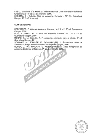 Faiz O, Blackburn S e Moffat D. Anatomia básica: Guia ilustrado de conceitos
fundamentais - 3ª edição Ed. Manole, 2014.
SOBOTTA J – Sobotta Atlas de Anatomia Humana - 23ª Ed. Guanabara
Koogan, 2013. (3 Volumes)
COMPLEMENTAR
KOPF-MAIER, P. Atlas de Anatomia Humana. Vol. 1 e 2. 6ª ed. Guanabara-
Koogan. 2006
PUTZ, R.; PABST, R. S. Atlas de Anatomia Humana. Vol 1 e 2. 22ª ed
Guanabara Koogan. 2006
MOORE, K., L.; DALLEY, A. F. Anatomia orientada para a clínica. 4ª ed.
Guanabara Koogan, 2011.
SCHUNKE, M., SCHULTE, E.; SCHUMACHER, U. Prometheus Altas de
Anatomia. Cabeça e Neuroanatomia. Guanabara Koogan, 2006.
ROHEN, J., W.; YOKOCHI, C. Anatomia Humana. Atlas Fotográfico de
Anatomia Sistêmica e Regional. 7ª ed. Ed. Manole, 2010.
 