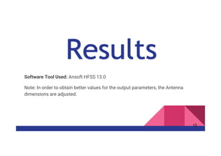Software Tool Used: Ansoft HFSS 13.0
Note: In order to obtain better values for the output parameters, the Antenna
dimensions are adjusted.
13
 