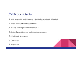 Table of contents
1.What makes an antenna to be considered as a good antenna?
2.Introduction to Microstrip Antenna.
3.Popular feeding methods available.
4.Design Parameters and mathematical formulas.
5.Results and discussion.
6.Conclusion.
7.References.
3
 