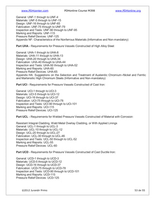 www.PDHcenter.com PDHonline Course M398 www.PDHonline.org
©2012 Jurandir Primo 53 de 55
General: UNF-1 through to UNF-4
Materials: UNF-5 through to UNF-15
Design: UNF-16 through to UNF-65
Fabrication: UNF-75 through to UNF-79
Inspection and Tests: UNF-90 through to UNF-95
Marking and Reports: UNF-115
Pressure Relief Devices: UNF-125
Appendix NF: Characteristics of the Nonferrous Materials (Informative and Non-mandatory)
Part UHA - Requirements for Pressure Vessels Constructed of High Alloy Steel:
General: UHA-1 through to UHA-8
Materials: UHA-11 through to UHA-13
Design: UHA-20 through to UHA-34
Fabrication: UHA-40 through to UHA-44
Inspection and Tests: UHA-50 through to UHA-52
Marking and Reports: UHA-60
Pressure Relief Devices: UHA-65
Appendix HA: Suggestions on the Selection and Treatment of Austenitic Chromium–Nickel and Ferritic
and Martensitic High Chromium Steels (Informative and Non-mandatory)
Part UCI - Requirements for Pressure Vessels Constructed of Cast Iron:
General: UCI-1 through to UCI-3
Materials: UCI-5 through to UCI-12
Design: UCI-16 through to UCI-37
Fabrication: UCI-75 through to UCI-78
Inspection and Tests: UCI-90 through to UCI-101
Marking and Reports: UCI-115
Pressure Relief Devices: UCI-125
Part UCL - Requirements for Welded Pressure Vessels Constructed of Material with Corrosion:
Resistant Integral Cladding, Weld Metal Overlay Cladding, or With Applied Linings
General: UCL-1 through to UCL-3
Materials: UCL-10 through to UCL-12
Design: UCL-20 through to UCL-27
Fabrication: UCL-30 through to UCL-46
Inspection and Tests: UCL-50 through to UCL-52
Marking and Reports: UCL-55
Pressure Relief Devices: UCL-60
Part UCD - Requirements for Pressure Vessels Constructed of Cast Ductile Iron:
General: UCD-1 through to UCD-3
Materials: UCD-5 through to UCD-12
Design: UCD-16 through to UCD-37
Fabrication: UCD-75 through to UCD-78
Inspection and Tests: UCD-90 through to UCD-101
Marking and Reports: UCD-115
Pressure Relief Devices: UCD-125
 