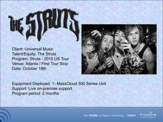 Client: Universal Music
Talent/Equity; The Struts
Program: Struts - 2015 US Tour
Venue: Atlanta / First Tour Stop
Date: October 19th
Equipment Deployed: 1- MassCloud 500 Series Unit
Support: Live on-premise support
Program period: 2 months
 