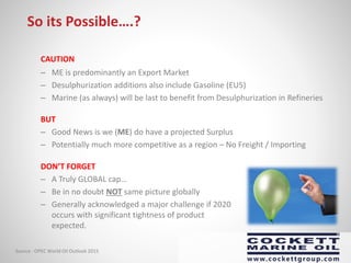 So its Possible….?
CAUTION
– ME is predominantly an Export Market
– Desulphurization additions also include Gasoline (EU5)
– Marine (as always) will be last to benefit from Desulphurization in Refineries
BUT
– Good News is we (ME) do have a projected Surplus
– Potentially much more competitive as a region – No Freight / Importing
DON’T FORGET
– A Truly GLOBAL cap…
– Be in no doubt NOT same picture globally
– Generally acknowledged a major challenge if 2020
occurs with significant tightness of product
expected.
Source : OPEC World Oil Outlook 2015
 
