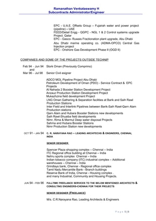Ramanathan Venkataswamy H
Subcontracts Administrator/Engineer
EPC - U.A.E. Offsets Group – Fujairah water and power project
(pipeline) – UAE
FEED/Detail Engg - QGPC - NGL 1 & 2 Control systems upgrade
Project. Qatar
EPC - Gasco- Ruwais Fractionation plant upgrade, Abu Dhabi
Abu Dhabi marine operating co. (ADMA-OPCO) Central Gas
Injection project
EPC - Onshore Gas Development Phase II (OGD II)
COMPANIES AND SOME OF THE PROJECTS OUTSIDE TECHNIP
Feb 94 – Jun 94 Stork Oman (Previously Comprimo)
and
Mar 96 – Jul 98 Senior Civil esigner
ADCO MOL Pipeline Project Abu Dhabi
Petroleum Development of Oman (PDO) - Service Contract & EPC
Projects
Al Nahada 2 Booster Station Development Project
Anzauz Production Station Development Project
Mukazhzina field development Project
LNG Oman Gathering & Separation facilities at Barik and Saih Rawl
Production Stations
Inter Field and Interlink Pipelines between Barik-Saih Rawl-Qarn Alam
Production stations
Qarn Alam and Hubara Booster Stations new developments
Saih Rawl-Shuaiba field developments
Nimr, Rima & Marmul Deep water disposal Projects
Sahma and Hubara Booster Stations
Nimr Production Station new developments
OCT 91 - JAN 94 C. R. NARAYANA RAO – LEADING ARCHITECHS & ENGINEERS, CHENNAI,
INDIA
SENIOR DESIGNER
Spencer Plaza shopping complex – Chennai – India
ITC Regional office building at Chennai – India
Nehru sports complex Chennai – India
Indian tobacco company (ITC) industrial complex – Additional
warehouses – Chennai – India
Grindlays bank, Chennai - Regional office complex
Tamil Nadu Mercantile Bank - Branch buildings
Reserve Bank of India, Chennai - Housing complex .
and many Industrial, Community and Housing Projects.
JUN 94 - FEB 96 FULLTIME FREELANCE SERVICES TO THE BELOW MENTIONED ARCHITECTS &
CONSULTING ENGINEERS-CHENNAI FOR THEIR PROJECTS
SENIOR DESIGNER (FREELANCE)
M/s. C.R.Narayana Rao, Leading Architects & Engineers
P a g e 5 | 6
 