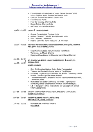 Ramanathan Venkataswamy H
Subcontracts Administrator/Engineer
 Chidambaram Hockey Stadium, Anna Tennis Stadium, MGR
Indoor Stadium, Aqua Stadium at Chennai, India
 Foot ball Stadium at Cochin – Kerala, India
 Food Process Plants
 Ford Car Industry, Chennai, India
 Berger Paints, Chennai, India
 and many more similar projects
JUN 94 – FEB 96 LARSEN & TOUBRO CHENNAI
 Gujarat Cement plant, Ggujarat, India
 Andhra Cements, Tadipatri, Andrapradesh, India
 India Cements, Tamil Nadu
 Madras Cements, Tamil Nadu and L & T Cement
JUN 94 – FEB 96 SOUTHERN PETROCHEMICAL INDUSTRIES CORPORATION (SPIC), CHENNAI,
INDIA (WITH DEEPAM CONSULTANCY)
 Spic Pharmaceuticals plant, Cuddalore Tamil Nadu
 Warehouse at, Manali Chennai
 Equipment foundations for Chemical plant, Manali Chennai
JUN 88 – SEP 91
&
JAN 80 – OCT 81
M/S CHAKRAPANI & SONS CONSULTING ENGINEERS & ARCHITECTS
CHENNAI, INDIA
SENIOR DESIGNER
 Ooty Co-Operative Society, Ooty : Dairy Process plant
 Tuticorin and Ranipet Industrial areas of Tamil Nnadu
 Industries, Logistic support buildings like Admin, Community centre,
Motel & Quarters (typ) for above projects.
 Tourist Development Centres for Tourist Development Corporation,
Tamil Nadu, India
 Hyderabad “Sai Baba Community hall” India : A prestigious
community centre with shell roof structure constructed by L&T
 L & T, Bangalore : White field satellite city Development, a multi
billion rupee project.
JULY 84 – MAY 88 ARABIAN COMPANY FOR INTERNATIONAL PROJECTS, SAUDI ARABIA
SENIOR DRAUGHTSMAN
NOV 81 – MAY 84 SOMDATT BUILDERS PRIVATE LIMITED, IRAQ
DRAFTSMAN / PLANNING ASSISTANT
AUG 76 – DEC 79 DESIGN DRAFT AGENCIES, CHENNAI
DRAFTSMAN
P a g e 6 | 6
 