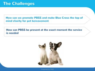 Presented by TREZ
Presented by TREZ
The Challenges
How can PBSS be present at the exact moment the service
is needed
How can we promote PBSS and make Blue Cross the top of
mind charity for pet bereavement
 