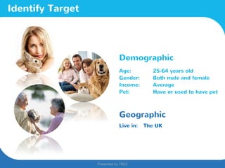 Presented by TREZ
Presented by TREZ
Identify Target
Demographic
Age: 25-64 years old
Gender: Both male and female
Income: Average
Pet: Have or used to have pet
Geographic
Live in: The UK
 