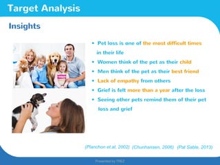 Presented by TREZ
Presented by TREZ
Insights
• Pet loss is one of the most difficult times
in their life
• Women think of the pet as their child
• Men think of the pet as their best friend
• Lack of empathy from others
• Grief is felt more than a year after the loss
• Seeing other pets remind them of their pet
loss and grief
(Planchon et.al, 2002) (Pat Sable, 2013)
Target Analysis
(Chunhansen, 2006)
 
