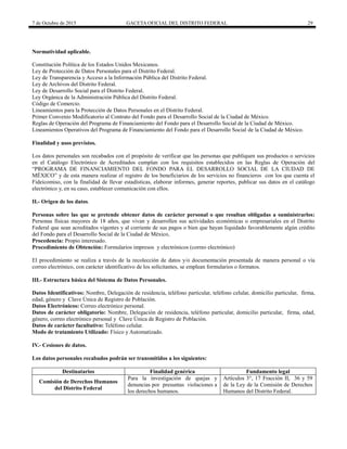 7 de Octubre de 2015 GACETA OFICIAL DEL DISTRITO FEDERAL 29
Normatividad aplicable.
Constitución Política de los Estados Unidos Mexicanos.
Ley de Protección de Datos Personales para el Distrito Federal.
Ley de Transparencia y Acceso a la Información Pública del Distrito Federal.
Ley de Archivos del Distrito Federal.
Ley de Desarrollo Social para el Distrito Federal.
Ley Orgánica de la Administración Pública del Distrito Federal.
Código de Comercio.
Lineamientos para la Protección de Datos Personales en el Distrito Federal.
Primer Convenio Modificatorio al Contrato del Fondo para el Desarrollo Social de la Ciudad de México.
Reglas de Operación del Programa de Financiamiento del Fondo para el Desarrollo Social de la Ciudad de México.
Lineamientos Operativos del Programa de Financiamiento del Fondo para el Desarrollo Social de la Ciudad de México.
Finalidad y usos previstos.
Los datos personales son recabados con el propósito de verificar que las personas que publiquen sus productos o servicios
en el Catálogo Electrónico de Acreditados cumplan con los requisitos establecidos en las Reglas de Operación del
“PROGRAMA DE FINANCIAMIENTO DEL FONDO PARA EL DESARROLLO SOCIAL DE LA CIUDAD DE
MÉXICO” y st r r z r r str s b f r s s s rv s f r s s qu u t
Fideicomiso, con la finalidad de llevar estadísticas, elaborar informes, generar reportes, publicar sus datos en el catálogo
electrónico y, en su caso, establecer comunicación con ellos.
II.- Origen de los datos.
Personas sobre las que se pretende obtener datos de carácter personal o que resultan obligadas a suministrarlos:
Personas físicas mayores de 18 años, que vivan y desarrollen sus actividades económicas o empresariales en el Distrito
Federal que sean acreditados vigentes y al corriente de sus pagos o bien que hayan liquidado favorablemente algún crédito
del Fondo para el Desarrollo Social de la Ciudad de México,
Procedencia: Propio interesado.
Procedimiento de Obtención: Formularios impresos y electrónicos (correo electrónico)
El procedimiento se realiza a través de la recolección de datos y/o documentación presentada de manera personal o vía
correo electrónico, con carácter identificativo de los solicitantes, se emplean formularios o formatos.
III.- Estructura básica del Sistema de Datos Personales.
Datos Identificativos: Nombre, Delegación de residencia, teléfono particular, teléfono celular, domicilio particular, firma,
edad, género y Clave Única de Registro de Población.
Datos Electrónicos: Correo electrónico personal.
Datos de carácter obligatorio: Nombre, Delegación de residencia, teléfono particular, domicilio particular, firma, edad,
género, correo electrónico personal y Clave Única de Registro de Población.
Datos de carácter facultativo: Teléfono celular.
Modo de tratamiento Utilizado: Físico y Automatizado.
IV.- Cesiones de datos.
Los datos personales recabados podrán ser transmitidos a los siguientes:
Destinatarios Finalidad genérica Fundamento legal
Comisión de Derechos Humanos
del Distrito Federal
Para la investigación de quejas y
denuncias por presuntas violaciones a
los derechos humanos.
Artículos 3°, 17 Fracción II, 36 y 59
de la Ley de la Comisión de Derechos
Humanos del Distrito Federal.
 