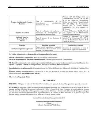 36 GACETA OFICIAL DEL DISTRITO FEDERAL 7 de Octubre de 2015
Órganos Jurisdiccionales Locales y
Federales
Para la substanciación de los
procedimientos jurisdiccionales
tramitados ante ellos.
Artículo 323 del Código Civil del
Distrito Federal, Artículos 278, 288, 326
y 331 del Código de Procedimientos
Civiles para el Distrito Federal; Artículo
180 del Código de Procedimientos
Penales para el Distrito Federal;
Artículos 131, 132, 147 y 149 de la Ley
de Amparo
Órganos de Control
Para la realización de auditorías o
realización de investigaciones por
presuntas faltas administrativas.
Artículos 34 fracciones II y III y 74 de la
Ley Orgánica de la Administración
Pública del Distrito Federal.
Auditoría Superior
de la Ciudad de
México
Para el ejercicio de sus funciones de
fiscalización.
Artículo 8°, fracciones VIII y XIX,
artículo 9° y 14 fracciones VII y XX de
la Ley de Fiscalización Superior de la
Ciudad de México.
Usuarios Finalidad permitida Acto jurídico y vigencia
Instituciones públicas y privadas
Para el control, seguimiento y evaluación
de los resultados de la asistencia técnica
brindada a los beneficiarios.
Convenio de colaboración o carta de
intención con vigencia indeterminada.
V.- Unidad Administrativa y Responsable del Sistema de Datos Personales
Unidad Administrativa Responsable: Dirección Ejecutiva de Financiamiento.
Cargo del Responsable del Sistema de Datos Personales: Director(a) Ejecutivo(a) de Financiamiento.
VI.- Unidad Administrativa ante la cual se presentarán solicitudes para ejercer los derechos de Acceso, Rectificación, Can-
celación y Oposición (ARCO) de datos personales, así como la revocación del consentimiento.
Unidad administrativa Responsable: Oficina de información Pública del Fondo para el Desarrollo Social de la Ciudad de Méxi-
co.
Domicilio oficial y correo electrónico: Tepozteco 36, 4° Piso, Col. Narvarte, C.P. 03020, Del. Benito Juárez, México, D.F., al
correo institucional: oip_fondeso@cdmx.gob.mx
VII.- Nivel de Seguridad: Básico
TRANSITORIOS
PRIMERO.- Publíquese en la Gaceta Oficial del Distrito Federal, para que surta efectos al día siguiente en que se da a conocer.
SEGUNDO.- Se instruye al Enlace en materia de datos personales del Fondo para el Desarrollo Social de la Ciudad de México,
para que notifique al Instituto de Acceso a la Información Pública y Protección de Datos Personales de la publicación del presente
Acuerdo dentro de los diez días hábiles siguientes a la publicación del mismo y al responsable del sistema de datos personales para
que realice las adecuaciones pertinentes en el Registro Electrónico de Sistemas de Datos Personales, en un plazo no mayor a los
diez días hábiles siguientes a la publicación en la Gaceta Oficial del Distrito Federal.
México, Distrito Federal a 23 de septiembre de 2015
El Secretario de Desarrollo Económico
(Firma)
Salomón Chertorivski Woldenberg
 