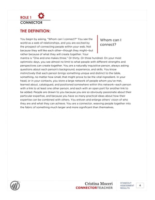 ROLE 1
CONNECTOR
Whom can I
connect?
THE DEFINITION:
You begin by asking, "Whom can I connect?" You see the
world as a web of relationships, and you are excited by
the prospect of connecting people within your web. Not
because they will like each other--though they might--but
rather because of what they will create together. Your
mantra is "One and one makes three." Or thirty. Or three hundred. On your most
optimistic days, you see almost no limit to what people with different strengths and
perspectives can create together. You are a naturally inquisitive person, always asking
questions about each person's background, experience, and skills. You know
instinctively that each person brings something unique and distinct to the table,
something, no matter how small, that might prove to be the vital ingredient. In your
head, or in your contacts, you store a large network of people whom you've met,
learned about, catalogued, and positioned somewhere within this network--each person
with a link to at least one other person, and each with an open port for another link to
be added. People are drawn to you because you are so obviously passionate about their
particular expertise, and because you have so many practical ideas about how their
expertise can be combined with others. You enliven and enlarge others' vision of who
they are and what they can achieve. You are a connector, weaving people together into
the fabric of something much larger and more significant than themselves.
STANDOUT
ASSESSMENT
RESULTS
Cristina Moceri
CONNECTORTEACHER
4
 