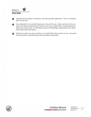 ROLE 2
TEACHER
yourself up for classes so that you can feel yourself "getting it." This is a constant
part of your life.
Your dedication to constant learning is not just for you. It also serves to arm you
with new ideas and techniques that you can use to help others. Consequently, to
others you seem wise, an unending source of knowledge, experiments and ideas
that might help them grow.
Whenever others run dry--of ideas, or of self-belief--they return to you. You seem
strong, patient, understanding, and yet always expectant.
STANDOUT
ASSESSMENT
RESULTS
Cristina Moceri
CONNECTORTEACHER
9
 