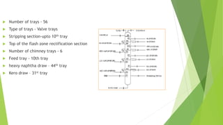  Number of trays - 56
 Type of trays - Valve trays
 Stripping section-upto 10th tray
 Top of the flash zone rectification section
 Number of chimney trays - 6
 Feed tray - 10th tray
 heavy naphtha draw – 44th tray
 Kero draw – 31st tray
 