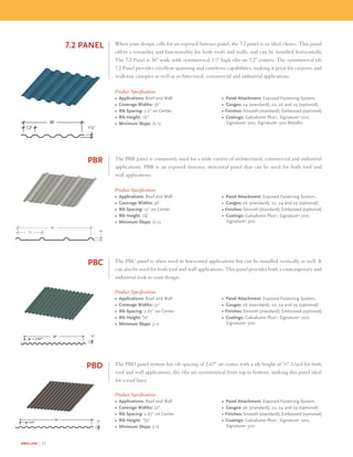 mbci.com | 24
7.2 Panel When your design calls for an exposed fastener panel, the 7.2 panel is an ideal choice. This panel
offers a versatility and functionality for both roofs and walls, and can be installed horizontally.
The 7.2 Panel is 36 wide with symmetrical 1½ high ribs on 7.2 centers. The symmetrical rib
7.2 Panel provides excellent spanning and cantilever capabilities, making it great for carports and
walkway canopies as well as architectural, commercial and industrial applications.
Product Specications
• Applications: Roof and Wall
• Coverage Widths: 36
• Rib Spacing: 7.2 on Center
• Rib Height: 1½
• Minimum Slope: ½:12
• Panel Attachment: Exposed Fastening System,
• Gauges: 24 (standard); 22, 26 and 29 (optional)
• Finishes: Smooth (standard); Embossed (optional)
• Coatings: Galvalume Plus®
, Signature®
200,
Signature®
300, Signature®
300 Metallic
PBR The PBR panel is commonly used for a wide variety of architectural, commercial and industrial
applications. PBR is an exposed fastener, structural panel that can be used for both roof and
wall applications.
Product Specications
• Applications: Roof and Wall
• Coverage Widths: 36
• Rib Spacing: 12 on Center
• Rib Height: 1¼
• Minimum Slope: ½:12
• Panel Attachment: Exposed Fastening System,
• Gauges: 26 (standard); 22, 24 and 29 (optional)
• Finishes: Smooth (standard); Embossed (optional)
• Coatings: Galvalume Plus®
, Signature®
200,
Signature®
300
PBD The PBD panel system has rib spacing of 2.67 on center with a rib height of 5
∕8. Used for both
roof and wall applications, the ribs are symmetrical from top to bottom, making this panel ideal
for a roof liner.
Product Specications
• Applications: Roof and Wall
• Coverage Widths: 32
• Rib Spacing: 2.67 on Center
• Rib Height: ⁵/₈
• Minimum Slope: 3:12
• Panel Attachment: Exposed Fastening System,
• Gauges: 26 (standard); 22, 24 and 29 (optional)
• Finishes: Smooth (standard); Embossed (optional)
• Coatings: Galvalume Plus®
, Signature®
200,
Signature®
300
PBC The PBC panel is often used in horizontal applications but can be installed vertically as well. It
can also be used for both roof and wall applications. This panel provides both a contemporary and
industrial look to your design.
Product Specications
• Applications: Roof and Wall
• Coverage Widths: 32
• Rib Spacing: 2.67 on Center
• Rib Height: ⁷/₈
• Minimum Slope: 3:12
• Panel Attachment: Exposed Fastening System,
• Gauges: 26 (standard); 22, 24 and 29 (optional)
• Finishes: Smooth (standard); Embossed (optional)
• Coatings: Galvalume Plus®
, Signature®
200,
Signature®
300
2.67
32 
32
2.67 ⁵⁄₈
 