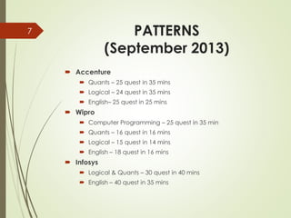 PATTERNS
(September 2013)
 Accenture
 Quants – 25 quest in 35 mins
 Logical – 24 quest in 35 mins
 English– 25 quest in 25 mins
 Wipro
 Computer Programming – 25 quest in 35 min
 Quants – 16 quest in 16 mins
 Logical – 15 quest in 14 mins
 English – 18 quest in 16 mins
 Infosys
 Logical & Quants – 30 quest in 40 mins
 English – 40 quest in 35 mins
7
 