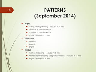 PATTERNS
(September 2014)
 Wipro
 Computer Programming – 25 quest in 35 min
 Quants – 16 quest in 16 mins
 Logical – 15 quest in 14 mins
 English – 18 quest in 16 mins
 Cognizant
 Quants -
 Logical -
 English –
 Infosys
 Analytic Reasoning – 15 quest in 25 mins
 Maths Critical Reasoning & Logical Reasoning - 10 quest in 35 mins
 English – 40 quest in 35 mins
8
 