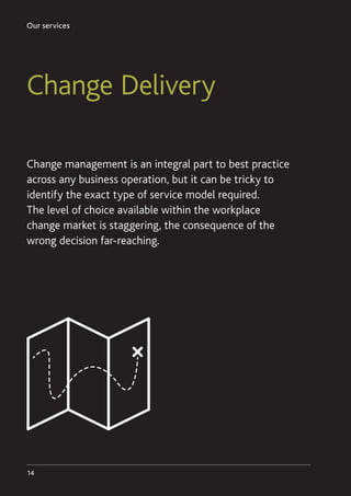 Our services
14
Change Delivery
Change management is an integral part to best practice
across any business operation, but it can be tricky to
identify the exact type of service model required.
The level of choice available within the workplace
change market is staggering, the consequence of the
wrong decision far-reaching.
 
