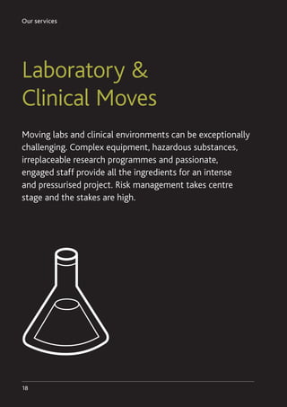 Our services
18
Laboratory 
Clinical Moves
Moving labs and clinical environments can be exceptionally
challenging. Complex equipment, hazardous substances,
irreplaceable research programmes and passionate,
engaged staff provide all the ingredients for an intense
and pressurised project. Risk management takes centre
stage and the stakes are high.
 