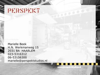 Marielle Beek
H.N. Werkmanweg 15
2031 BA HAARLEM
023-5316312
06-53156300
marielle@perspektstudios.nl
www.perspektstudios.nl
 