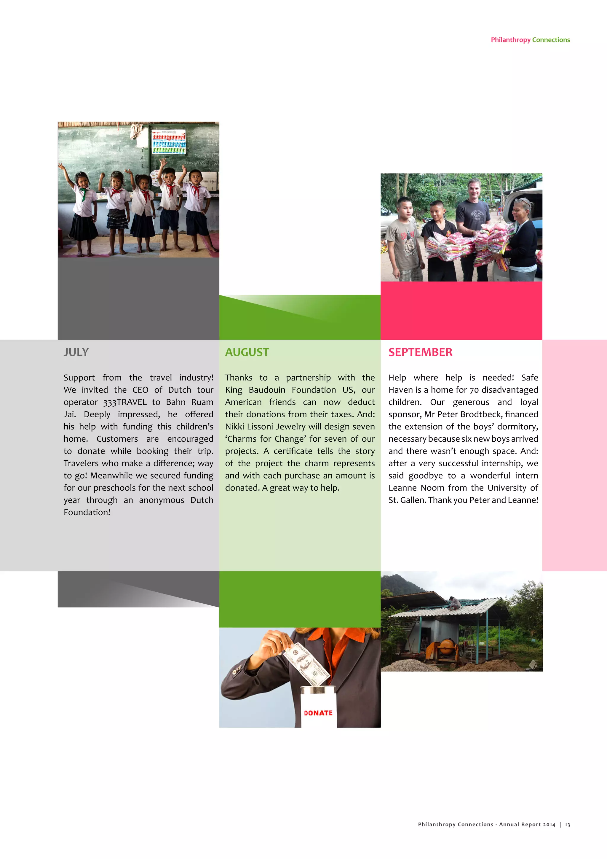 Philanthropy Connections
JULY
Support from the travel industry!
We invited the CEO of Dutch tour
operator 333TRAVEL to Bahn Ruam
Jai. Deeply impressed, he offered
his help with funding this children’s
home. Customers are encouraged
to donate while booking their trip.
Travelers who make a difference; way
to go! Meanwhile we secured funding
for our preschools for the next school
year through an anonymous Dutch
Foundation!
SEPTEMBER
Help where help is needed! Safe
Haven is a home for 70 disadvantaged
children. Our generous and loyal
sponsor, Mr Peter Brodtbeck, financed
the extension of the boys’ dormitory,
necessary because six new boys arrived
and there wasn’t enough space. And:
after a very successful internship, we
said goodbye to a wonderful intern
Leanne Noom from the University of
St. Gallen. Thank you Peter and Leanne!
AUGUST
Thanks to a partnership with the
King Baudouin Foundation US, our
American friends can now deduct
their donations from their taxes. And:
Nikki Lissoni Jewelry will design seven
‘Charms for Change’ for seven of our
projects. A certificate tells the story
of the project the charm represents
and with each purchase an amount is
donated. A great way to help.
Philanthropy Connections - Annual Report 2014 | 13
 