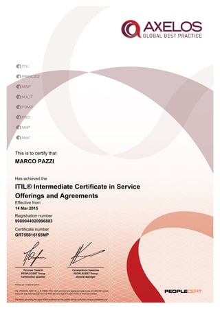 This is to certify that
Printed on 16 March 2015
Has achieved the
Effective from
14 Mar 2015
Registration number
Certificate number
GR756016165MP
MARCO PAZZI
9980044020996883
Constantinos Kesentes
PEOPLECERT Group
General Manager
Panorea Theleriti
PEOPLECERT Group
Certification Qualifier
ITIL® Intermediate Certificate in Service
Offerings and Agreements
ITIL, PRINCE2, MSP, M_o_R, P3M3, P3O, MoP and MoV are registered trade marks of AXELOS Limited.
AXELOS, the AXELOS logo and the AXELOS swirl logo are trade marks of AXELOS Limited.
The terms governing the issue of this certificate and its validity can be confirmed via www.peoplecert.org.
 