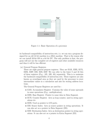 Figure 1.1: Basic Operation of a processor 
its backward compatibility of instruction sets, i.e, we can run a program de-signed 
for an old 16 bit machine in a 32bit machine. That is the reason why 
we can install 32-bit OS in a 64 bit PC. The only problem is that, the pro-gram 
will not use the complete set of registers and other available resources 
and thus it will be less ecient. 
(a) General Purpose Registers 
There are eight general purpose registers. They are EAX, EBX, ECX, 
EDX, EBP, ESI, EDI, ESP. We can refer to the lower 8 and 16 bits 
of these registers (E.g.: AX, AH, AL) separately. This is to maintain 
the backward compatibility of instruction sets. These registers are also 
known as scratchpad area as they are used by the processor to store 
intermediate values in a calculation and also for storing address loca-tions. 
The General Purpose Registers are used for : 
 EAX: Accumulator Register Contains the value of some operands 
in some operations (E.g.: multiplication). 
 EBX: Base Register Pointer to some data in Data Segment. 
 ECX: Counter Register Acts as loop counter, used in string oper-ations 
etc. 
 EDX: Used as pointer to I/O ports. 
 ESI: Source Index Acts as source pointer in string operations. It 
can also act as a pointer in Data Segment (DS). 
 EDI: Destination Index- Acts as destination pointer in string oper-ations. 
It can also act as a pointer in Extra Segment (ES) 
4 
 
