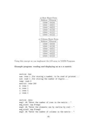 Chapter 5 
Subprograms 
Subprograms are independent parts of the code which can be called at various 
parts of the main code. They are called functions in high level languages. They 
are used to group together redundant code and call them repeatedly. 
CALL RET Statements: 
In NASM subprograms are implemented using the CALL and RET instructions. 
The general systax is like this: 
;main code....... 
------------- 
------------- 
call funcunderline{ }name 
------------- 
------------- 
;Subunderline{ }Program 
funcunderline{ }name: ;Label for subprogram 
---------- 
---------- 
---------- 
ret 
 When we use the CALL instruction, address of the next instruction will 
be copied to the system stack and it will jump to the subprogram. ie. 
41 
 