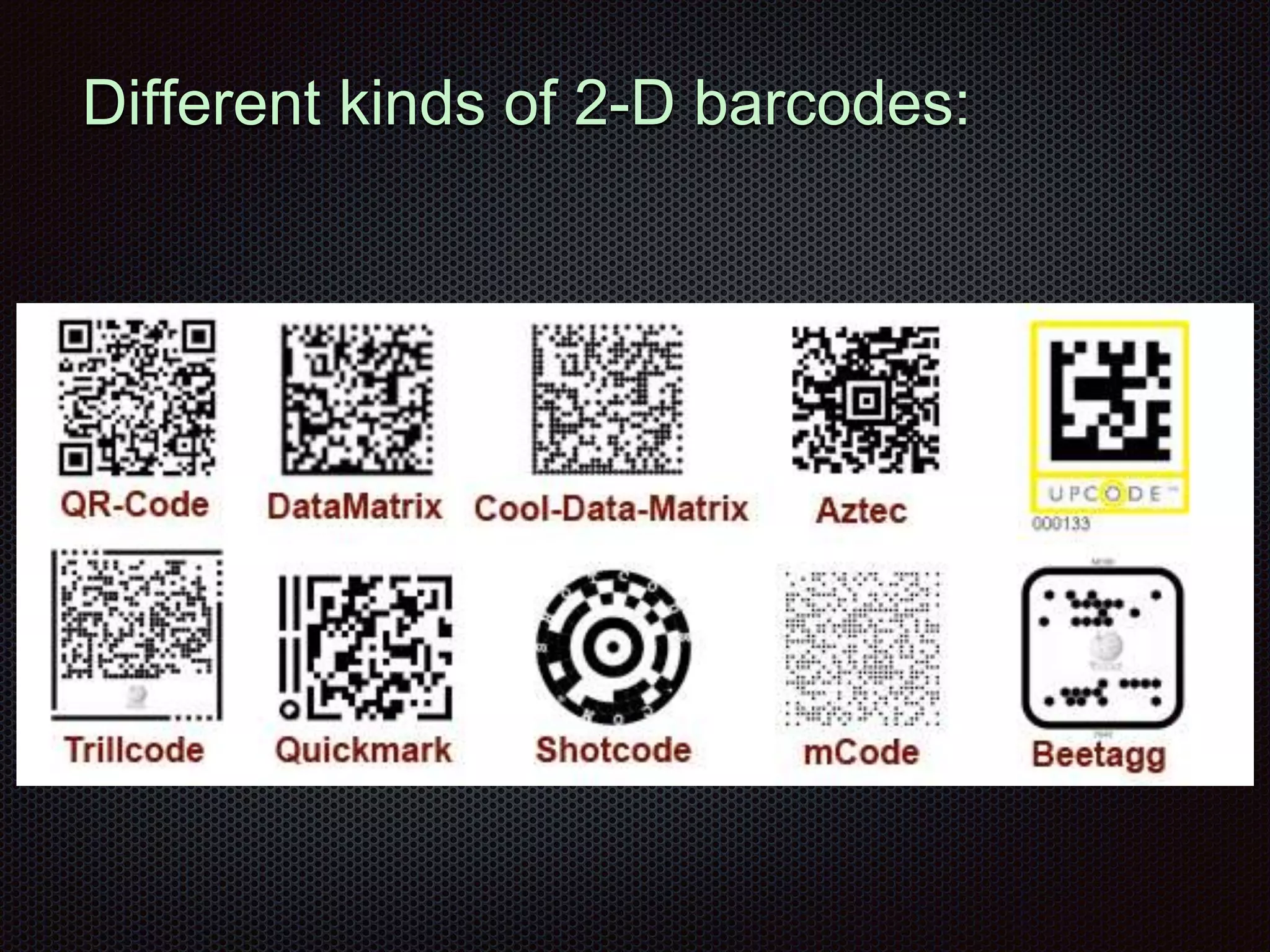 Different kinds of 2-D barcodes:
 
