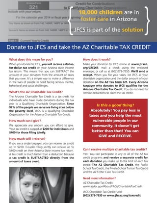 How does it work?
Make your donation to JFCS online at www.jfcsaz.
org/CREDIT; mail a check using the enclosed
envelope; or call us at (602)279-7655. We’ll send a
receipt. When you file your taxes, list JFCS as your
charitable organization and the dollar amount of your
donation on the AZ Tax Form 321. Every Arizona
taxpayer who donates to JFCS qualifies for the
Arizona Charitable Tax Credit. You do not need to
itemize deductions to claim the tax credit.
Can I receive multiple charitable tax credits?
Yes! You can participate in any or all of the AZ tax
credit programs and receive a separate credit for
each donation you make up to the limit of each tax
credit: The AZ Charitable Tax Credit, the Public
School Tax Credit, the Private School Tuition Tax Credit
and the AZ Foster Care Tax Credit.
Need more information?
AZ Charitable Tax Credit:
www.azdor.gov/About/FAQs/CharitableTaxCredit
JFCS Charitable Tax Credit Fund:
(602) 279-7655 or www.jfcsaz.org/taxcredit
What does this mean for you?
When you donate to JFCS, you will receive a dollar-
for-dollar tax credit on your Arizona state income
tax return. This means that you can SUBTRACT the
amount of your donation from the amount of taxes
that you owe. It’s a simple way to make a difference
in the lives of people in need facing serious mental,
behavioral and social challenges.
What’s the AZ Charitable Tax Credit?
The Arizona Charitable Tax Credit is a tax credit for
individuals who have made donations during the tax
year to a Qualifying Charitable Organization. Since
97% of the people we serve are living at or below
the poverty level, JFCS is a Qualifying Charitable
Organization for the Arizona Charitable Tax Credit.
How much can I give?
We appreciate any amount you can afford to give.
Your tax credit is capped at $200 for individuals and
$400 for those filing jointly.
How much will I receive?
If you are a single taxpayer, you can receive tax credit
up to $200. Couples filing jointly can receive up to
$400 credit on their Arizona State income tax return.
A tax credit is much better than a deduction because
a tax credit is SUBTRACTED directly from the
amount of taxes owed.
Donate to JFCS and take the AZ Charitable TAX CREDIT
18,000 children are in
foster care in Arizona
JFCS is part of the solution{ }
Is this a good thing?
Absolutely! You pay less in
taxes and you help the most
vulnerable people in our
community. It doesn’t get
better than that! You can
GIVE and RECEIVE.
 