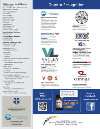 Testimonials
oanabusivemanwho
years ago, with the
o leave him, find a
y heart is so full of
o JFCS every year.
o a lot of trouble and kept running
group home. Thanks to Real World Job
learned how to deal with my anger, and
helped me get my GED, and now I’m
me at a hardware store. All I can say is,
d right by me!
Real World Job Development
ebythestaffatReal
help.Ibegan
foodpantry.These
lives,andbeing
trulycommittedto
pporter.
er of “Just 3 Things”
JFCS ANNUAL COMMUNITY REPORT 2014 | 3
off the job that I had for 40 years, I fell
. My sister arranged for me to see a Jewish
eally understood my situation. JFCS helped
edicaid, and even gave me money to pay
n’t know there were these services for older
ank you JFCS for all your help!
Community Services
ame to JFCS, her history showed childhood
attempts, and alcoholism. A Health
ed Marcie coordinate her appointments for
her services at JFCS. “I’ve lived through hard
ot completely better yet. But, I can honestly
sn’t for the caring people at JFCS, I wouldn’t
th to keep living.”
egratedHealthcareandCareCoordinationServices
o a lot of trouble and kept running
group home. Thanks to Real World Job
learned how to deal with my anger, and
helped me get my GED, and now I’m
e at a hardware store. All I can say is,
d right by me!
eal World Job Development
ives,andbeing
trulycommittedto
porter.
er of “Just 3 Things”
JFCS ANNUAL COMMUNITY REPORT 2014 | 3
Grantor RecognitionJFCS Governance Board of Directors
Carol Kern, Chair
Paul E. Stander, M.D., MBA, Vice Chair
Noel Williams, Secretary
Sandy Mendez Benson
Vicki Cabot
Jay Fruchtman
Jerome S. Gutkin
Michael E. Johnson
Rabbi John Linder
Larry Lytle
Jessica Pacheco
Jeffrey Packer, D.O.
Michael Seiden
Edna Ora Sitelman, Ed.D.
Immediate Past Chairman
Rick Naimark
Emeritus Board Members
Lenore Schupak
Carol Seidberg
Executive Leadership Team
Michael R. Zent, Ph.D.
President & CEO
Mark Callesen, M.D.
Chief Medical Officer
Javier Favela
CFO/COO
Carol Felton
Executive Director of Human Resources
Frank Jacobson
Vice President of Marketing &
Development
Martha Miller
Director of Compliance
Kevin Rhode
Director of Information Technology
Ellie Schwartzberg, MC, LPC
Vice President of Older Adult Services &
Jewish Community Services
Linda Scott, MSW
Vice President of Child & Family
Solutions
Robin Trush
Director of Business Intelligence
Mary Jo Whitfield, MSW
Vice President of Behavioral Health
Testimonials
off the job that I had for 40 years, I fell
. My sister arranged for me to see a Jewish
eally understood my situation. JFCS helped
edicaid, and even gave me money to pay
n’t know there were these services for older
ank you JFCS for all your help!
Community Services
DONATE
today
JFCSAZ.org/taxcredit
Like us on
Facebook
facebook.com/JFCSAZ
Learn how you can help
neglected children, and get
AZ Charitable Tax Credit
alerts on your mobile phone.
Receive up to 3 message(s) per month of text alerts from JFCS Arizona.
Message & Data Rates May Apply. Reply STOP to any msg to opt-out.
Arizona Child Abuse Prevention
License Plate Program
Along with AZ Republic/12
News and The Governor’s Office
for Children, Youth & Families
$15,000 to Creating Peaceful Families,
a school-based drug abuse and bullying
prevention program.
Jewish Federation of Greater
Phoenix
$264,000 partnership grant for core
operational support for JFCS Jewish
Community Services. $50,000 grant
for the Senior Concierge Program,
a collaborative effort to provide
information and referral services for
seniors and caregivers.
Bank of America Charitable
Foundation
$15,000 grant for GED preparation,
tutoring, and study skills training for
transitional foster care youth at Real
World Job Development.
Valley Leadership - Youth
Leadership in Philanthropy
Program
$2,000 grant to Real World Job
Development for homeless prevention
efforts among foster care youth.
Valley Kids Foundation
$3,000 to Real World Job Development
for general support and services for foster
care youth.
Arizona Criminal Justice
Commission
$16,410 to Shelter Without Walls for
survivors of domestic violence.
Glendale From the Heart
$7,500 to Shelter Without Walls for
survivors of domestic violence in Glendale.
Arizona Foundation for Women
$5,000 to Shelter Without Walls for
emergency funds.
 