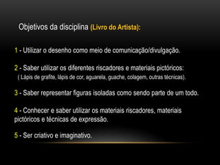 Objetivos da disciplina (Livro do Artista):
1 - Utilizar o desenho como meio de comunicação/divulgação.
2 - Saber utilizar os diferentes riscadores e materiais pictóricos:
( Lápis de grafite, lápis de cor, aguarela, guache, colagem, outras técnicas).
3 - Saber representar figuras isoladas como sendo parte de um todo.
4 - Conhecer e saber utilizar os materiais riscadores, materiais
pictóricos e técnicas de expressão.
5 - Ser criativo e imaginativo.
 