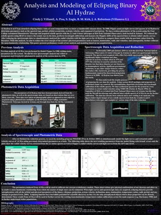 printed by
www.postersession.com
Analysis and Modeling of Eclipsing Binary
AI Hydrae
Cindy J. Villamil, A. Prsa, S. Engle, B. M. Kirk, J. A. Robertson (Villanova U.)
The parameters of AI Hydrae that have been previously derived from the
photometric data, as well as the spectroscopic data, are based on observations that are over
thirty years old. Their data were taken on photographic plates as opposed to ours which we
acquired using a photoelectric multiplier on the 0.8 meter Four College Automatic
Photoelectric Telescope, located in Arizona and through data from the All Sky Automated
Survey.
Bonanos, Alceste Z. "Eclipsing Binaries: Tools for Calibrating the Extragalactic Distance Scale." Binary Stars as Critical Tools & Tests in Contemporary Astrophysics, Proceedings of IAU Symposium #240, held 22-25 August, 2006 in Prague, Czech Republic. (2007): 79-87. Print.
Fleming, Scott W. et al "Binary Research with Dedicated Spectroscopy." NOAO Observing Proposal for Low Mass Stars (2009). Print.
Popper, D. M. et al "U, B, V photometric program on eclipsing binaries at Palomar and Kitt Peak." Astronomical Journal 82 (1977): 216-22. Print.
Prsa, Andrej. et al "A Computational Guide to Physics of Eclipsing Binaries. I. Demonstrations and Perspectives." The Astrophysical Journal 628.1 (2005): 426-38. Print.
Prsa, Andrej. et al"Artificial Intelligence Approach to the Determination of Physical Properties of Eclipsing Binaries. I. The EBAI Project." The Astrophysical Journal 687.1 (2008): 542-65. Print.
We gratefully acknowledge NSF/RUI grant AST-05-07542 and a special thanks to Jessica Tabares.
In December 2009 and January 2010 we used the Kitt Peak National Optical
Astronomy Observatory 2.1 meter telescope in Arizona to collect our spectroscopic data for
research. The spectra were acquired with a fiber fed echelle spectrometer, having a
significantly higher resolution and, thus,
superior in accuracy to those taken in 1976 and
1977.The criterion we used for selection of the
binaries was that these binaries are not character
to chromospheric activity, significant gravitational
distortion, or any other unique features; rather,
they behave like clockwork, providing the precise
fundamentals required for theoretical progression
(Torres et al 2008). AI Hydrae was chosen from
this batch.
We then underwent the lengthy process
of preparing the raw data for analysis. Using various IRAF packages and programs we
performed cosmic ray removal, flux normalization, dispersion correction and wavelength
calibration of the echelle spectra. We then synthesized spectra for the system for cross-
correlation to extract radial velocities using TODCOR (Zucker & Mazeh 1994). In
September of 2010 we revisited Kitt Peak National Observatory in Arizona, but this time
used the Mayall 4m telescope and collected more echelle spectra of AI Hya to use for further
calibration. The data has already been reduced and is now waiting to be analyzed. The
figures below depict images of raw echelle spectra from both the 2.1(above) and 4
meter(below) telescopes and examples of various steps of the data reduction.
Spectroscopic Data Acquisition and Reduction
Abstract
Bibliography
AI Hydrae is an F-type detached eclipsing binary with a δ scuti companion that we know a considerable amount about. In 1988, Popper analyzed light curves and spectra of AI Hydrae to
determine parameters such as the spectral type, period, orbital eccentricity, systemic velocity, and argument of periastron. We have retaken photometry of the system using the Four
College Automated Photoelectric Telescope and acquired echelle spectra with the 2.1 and 4 meter telescopes at Kitt Peak National Observatory, both located in Arizona. We reduced the
echelle spectra using IRAF to remove the cosmic rays in the data, perform wavelength calibration, and measure the Doppler shifts of the spectral lines to obtain radial velocity curves.
After reducing the spectroscopic data we simultaneously analyzed the radial velocities with the light curves for AI Hydrae to compare those results with the previous values from the
literature. With this analysis, we aim to reduce the error margin of the system’s physical parameters such as masses, luminosities, radii, and velocities, and consequently, further calibrate
the mass-luminosity relationship. This poster presents preliminary results of our analysis and modeling based on our acquired data.
Parameter Value
Spectral Type F2/F0
Flux 9th magnitude
Period 8.29 days
Orbital Eccentricity .23
Inclination 90° ± 2
Argument of
periastron
.245°
Parameter Value
KH 90.1 ± 0.7 km/s
KC 83.1 ± 0.7 km/s
γ 45.1 ± 0.6 km/s
σH 2.4 km/s
σC 2.3 km/s
Asini 27.68 ± 0.17 solar radii
MHsin3i 1.98 ± 0.04 solar masses
MCsin3i 2.14 ± 0.04 solar masses
Photometric Data Acquisition
Previous Analysis
Previous analysis of AI Hya was performed by Daniel Popper in 1988 yielding many
parameters for the system. He did his own spectroscopic analysis but relied on
Joergensen and Gronbech’s photometric analysis of the system done in 1978 .
Analysis of Spectroscopic and Photometric Data
After we finished the reduction process, we used the modeling program PHOEBE (Prsa & Zwitter 2005) to simultaneously model the light curves and extracted radial
velocity curves of AI Hya using previously determined parameters as a basis. The following table shows the new resulting parameters from our model fitting with formal errors and the
plots show the radial velocity curves extracted from the 2.1 meter spectra as well as Popper’s radial velocity curves and light curves from the APT and ASAS.
Conclusion
The parameters deduced from AI Hya will be used to calibrate our current evolutionary models. These observations give physical confirmation of our theories and allow us
to resolve a mass-luminosity relationship from which the masses of single stars can be estimated. When light curves and spectroscopic data are acquired, eclipsing binaries provide
astrophysicists with all the orbital and physical parameters of the binary; distance, projection, system velocity, inclination, mass, luminosities, temperature ratios, radii, period, and any
changes in period (Green, 2004). Eclipsing binaries have incredible potential for scientific discovery as they are the only astrophysical objects where these properties can be directly
determined. These results from AI Hya will be used to further correct the existing mass-luminosity-temperature-radius calibrations across the main sequence (e.g. Harmanec 1988) and
to further understand stellar populations.
Parameter Value
Period 8.2897 days
Orbital Eccentricity .0045
Inclination 88° ± 1
Argument of
periastron
.249° ± .3
γ 46.4 km/s ± 1.06
Semi major axis 26.308
Teff(c) 6709 ± 32
Teff(h) 7026 ± 32
Potential (p) 12.203± .02
Potential (s) 7.935 ± .03
 
