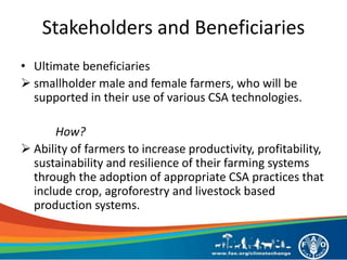 Stakeholders and Beneficiaries
• Ultimate beneficiaries
 smallholder male and female farmers, who will be
supported in their use of various CSA technologies.
How?
 Ability of farmers to increase productivity, profitability,
sustainability and resilience of their farming systems
through the adoption of appropriate CSA practices that
include crop, agroforestry and livestock based
production systems.
 