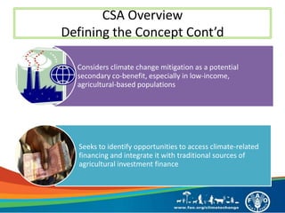 CSA Overview
Defining the Concept Cont’d
Considers climate change mitigation as a potential
secondary co-benefit, especially in low-income,
agricultural-based populations
Seeks to identify opportunities to access climate-related
financing and integrate it with traditional sources of
agricultural investment finance
 